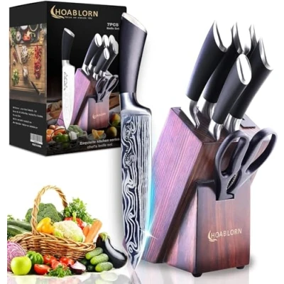 Imagen de HOABLORN 7 Piezas Cuchillo de Cocina Profesional, Cuchillos Chef, Bloque madera Set, Acero Damasco Cocina, Universal para Pan Santoku