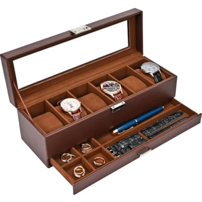 Imagen de Procase Caja de Relojes 6 Ranuras con Cajón, Funda Organizadora Reloj 2 capas Tapa Cristal, Estuche Almacenamiento para Hombres y Mujeres Café