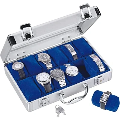 Imagen de SAFE 265 Caja de almacenamiento para relojes hombre hecha aluminio, espacio 12 relojes, en terciopelo azul real. con cerradura, tapa cristal y cojín extraíble
