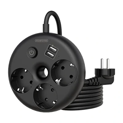 Imagen de Bagel Regleta de Montaje en Pared con 3 Metros Cable, NTONPOWER Tomas, Protección contra Sobretensión, Cable Largo, Enchufe Múltiple Interruptor e Indicador, Europeo