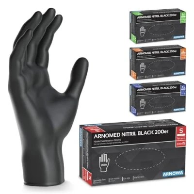 Imagen de ARNOMED Guantes de Nitrilo S, 200 uds/caja, Tallas M, L o XL, Negro, Sin Polvo y Látex
