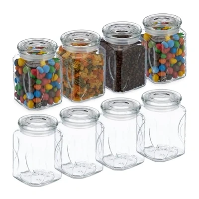 Imagen de Relaxdays Botes Cristal con Tapa, Set de 8, Vidrio, 750 ml, Recipientes Cuadrados, Tarros Herméticos, Transparente