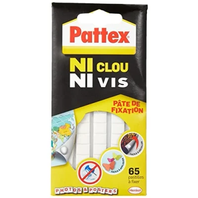 Imagen de Pattex Ni Clou Vis pasta de fijación, pastillas adhesivas reposicionables blancas fáciles quitar, pegajosa precortada para papel, póster, decoración ligera, 65 pellets