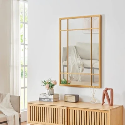 Imagen de [en.casa] Espejo de Pared para Baño Salón Elegante Rectangular con Ganchos Horizontal/Vertical MDF 90 x 60 cm Dorado