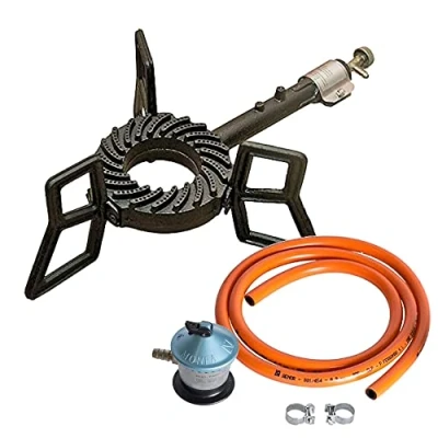 Imagen de Elma Pack Hornillo de Gas en Hierro Fundido con Manguera Conexión y Válvula Seguridad I 6,5 KwI Kit Completo compatible Butano Propano