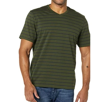 Imagen de Amazon Essentials Camisetas de manga corta con cuello pico y corte ajustado Hombre, Pack 2, Azul Marino/Rayas/Verde Oliva, M