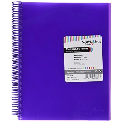 Imagen de Grafoplás Carpeta con 50 Fundas Transparentes A4 Color Violeta Espiral PVC Tapas Polipropileno Gomas de Cierre Maxiplás Multiline