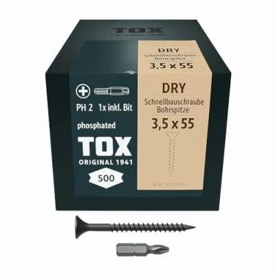 Imagen de TOX tornillos para yeso DRY BS 3,5 x 55 mm, fosfatados negros con rosca fina + punta perforadora, cartón sobre subestructura metálica, PH2, 500 piezas, incl. 1x broca, 142553213555