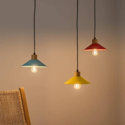 Imagen de Plafón araña 3 lámparas Prismol Madera natural y Metal Amarillo, Azul Verde Menzzo