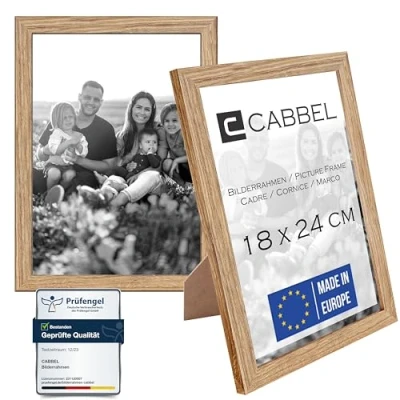 Imagen de CABBEL Juego de 2 marcos fotos 18x24 cm, roble estable, marco madera MDF irrompible, cristal plexi a prueba roturas, para colgar y colocar pie, ideal fotos/imágenes/collage