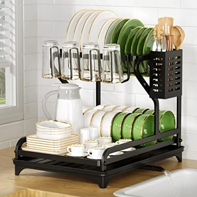Imagen de Cocolemon Escurreplatos Acero Inoxidable Cocina, Escurridor de Platos 2 Niveles con Función Drenaje Automático para Fregadero, Escurre Armarios, Negro