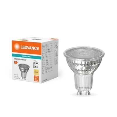 Imagen de LEDVANCE Par16 80. Bombilla led reflectora 220 240V 6,9W 3000K 36º GU10. 575 Lumen. Equivalente a halógena de 80W. 10.000 Horas. Dimensiones: 54 X 50mm. Luz cálida.