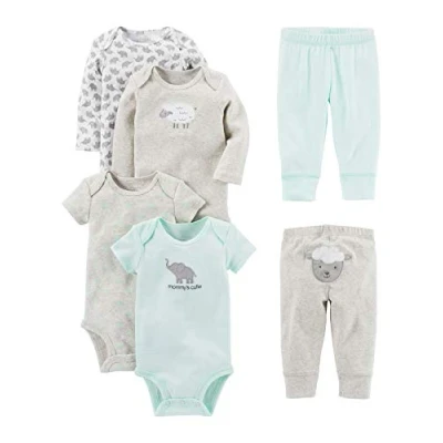 Imagen de Simple Joys by Carter&#039;s 6 Piece Neutral Bodysuits (Short Long Sleeve) and Pants Set Infant Toddler Clothing Sets, Gris/Verde Menta/Elefante/Cordero, 18 Meses Unisex bebé