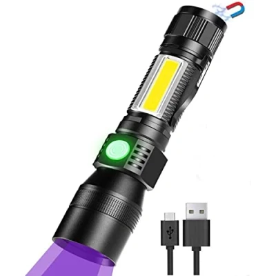 Imagen de Linterna súper brillante de 1800 lúmenes, recargable por USB, 395 nm, luz UV, con base magnética, para camping, senderismo (luz negra, 7 modos, 1 pieza, batería)
