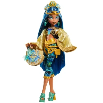 Imagen de Monster High Fest Cleo de Nile, Muñeca Momia con Top Flecos Dorados, Pantalones Joya y Accesorios temática Festival, Juguete Regalo para niños niñas +4 años, HXH81