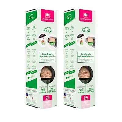 Imagen de CRISTALINAS Pack 2 Ambientador Esfera para Coche Aroma Dama de Noche 100% Puro Absorbe Olores Larga Duración 8 Semanas 6 ml Multiposición pinza o colgante 0% Alcohol