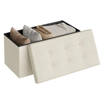 Imagen de WOLTU Puff Baúl Plegable Rectángulo Taburete para Almacenamiento Otomanos de Lino Caja Almacenaje con Tapa Reposapiés Sofá 76x37,5x38 cm Crema SH10cm 1