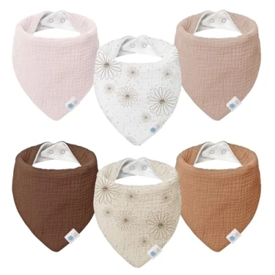 Imagen de lulumoon Babero para Bebé, Muselina Bebé,100% Algodón Transpirable pañuelo triangular Niños y Niñas 6 Unidades,Margaritas