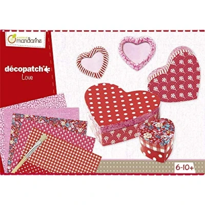 Imagen de Avenue Mandarine 42718O Una caja creativa Amour incluye 5 cajas de corazones papel maché blanco para decorar con hojas, pegamento y pincel Décopatch (instrucciones incluidas)