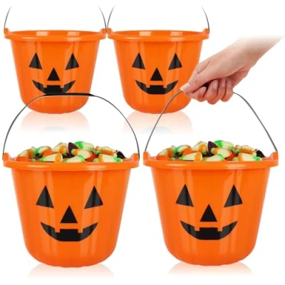 Imagen de com four® 4X Cubos de Calabaza Halloween XL plástico con diseño para Recoger Dulces Bolsa recolectora asa