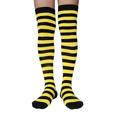 Imagen de AUSUAYA Calcetines altos a rayas para mujer, de algodón, por encima la rodilla, calentador piernas Halloween, cosplay y gótico GB LW 3, negras amarillas, abeja, Talla única