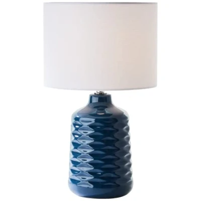 Imagen de lámpara de sobremesa cerámica azul con pantalla tela blanca decorativa interruptor cable intermedio 42 cm altura y 25 diámetro casquillo E14 máx. 40 W