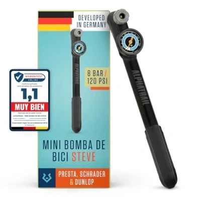 Imagen de Alphatrail Mini Bomba Steve para Todas Las válvulas 8,3 Bar / 120 PSI presión máxima I Gran manómetro (Ø32mm) t Mango ergonómico de Bicicleta la válvula Presta, Schrader y Dunlop