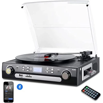 Imagen de DIGITNOW! Tocadiscos Bluetooth con Estéreo Altavoces,33/45/78 RPM Apoyos Cassette/Radio/Vinilo a MP3 USB Codificación/Aux in