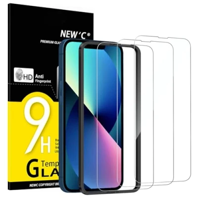 Imagen de NEW&#039;C 3 Piezas, Protector Pantalla para iPhone 14, 13, 13 Pro (6,1 Pulgadas), Cristal templado con herramienta de instalación fácil incluida, Antiarañazos,Dureza 9H, Ultra Resistente