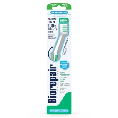 Imagen de Biorepair Cepillo de dientes protección total, antibacteriano, probado clínicamente, con cerdas medianas, forma curva patentada, inhibe el crecimiento bacteriano hasta en un 90% y elimina 100% la placa