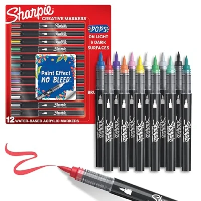 Imagen de SHARPIE Rotuladores acrílicos creativos al agua con punta de pincel Tinta sin borrones Escribe en la mayoría superficies Material escolar Colores surtidos 12 unidades