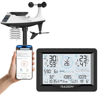 Imagen de Raddy MN6 Wi Fi Estación Meteorológica Inalámbrica 15 en 1, para interiores y exteriores, Monitor de temperatura humedad, Presión atmosférica, Pluviómetro, Velocidad del viento, UV, DCF