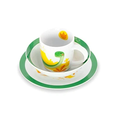 Imagen de GREENBOX vajilla de porcelana para niños, juego desayuno 3 piezas, apto lavavajillas, taza blanca, plato, tazón, con motivo, ideas regalo divertida