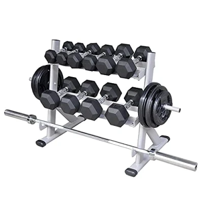 Imagen de hujio Soporte Mancuernas, de Barras Pesas para Bastidor Almacenamiento Gimnasia, 2 Niveles, Robusto y Duradero, MAX 300kg, Plata, Solo Rack