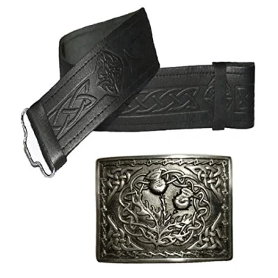 Imagen de Cinturón y hebilla de cuero para falda escocesa, muchos tamaños diseños elegir, Negro en relieve con cardo antiguo, Size 36 42 inche