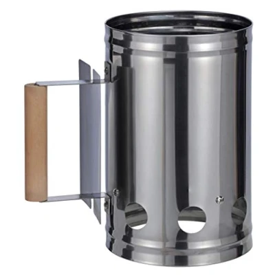 Imagen de Bambelaa! encendedor de carbón para barbacoa con mango madera, columna combustión, chimenea, color plata/negro, aprox. 17 x 27 cm, plata