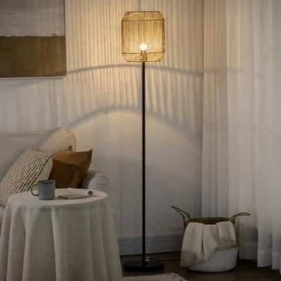 Imagen de HOMCOM Lámpara de Pie para Salón Casquillo E27 Máx. 40W Suelo con Pantalla Cuerda Papel e Interruptor Cocina Dormitorio Habitación Ø26x158 cm Natural y Negro