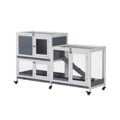 Imagen de PawHut Conejera de Madera con Ruedas 147x45,5x88,5 cm Jaula para Conejos 2 Niveles Techo Abrible Corrales Metal 3 Bandejas Extraíbles Puertas Pestillo y Rampa Gris