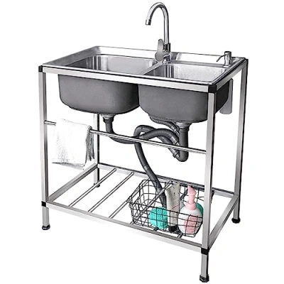 Imagen de Fregadero de Cocina doble tazón acero inoxidable servicio independiente 2 compartimentos para garaje Restaurante al aire libre