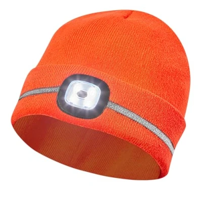 Imagen de Gebol Campana LED Naranja Linterna frontal en Gorro de punto con rayas reflectantes Puerto USB para cargar 60 minutos duración luz 4 niveles Unisex 1 pieza