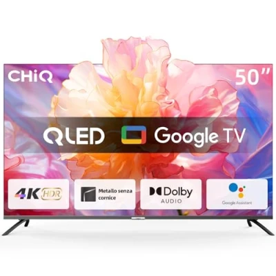 Imagen de CHiQ Smart Google TV 4K QLED de 50 Pulgadas, Panel UHD con Amplia HDR, Control Remoto por Voz, Chromecast Integrado, Dolby Audio, DBX TV, Bluetooth 5.0, Wi Fi, Modelo U50QM8E 2024