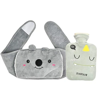 Imagen de TIMESETL Bolsa de Agua Caliente con Cubierta Felpa Suave, Botella a Prueba Fugas y Duradera para Adultos Niños, Goma Natural Verde Gris