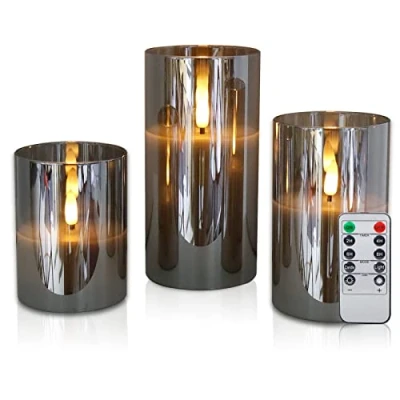 Imagen de CCLIFE Velas eléctricas y LED de cera real con control remoto, función temporizador, hechas parafina, Funcionamiento batería,Cristal Blanco 3 Piezas