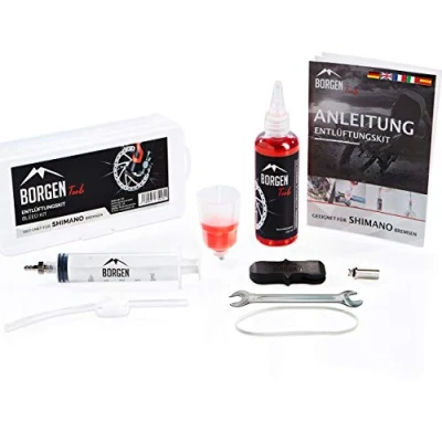 Imagen de Borgen Kit de purga Shimano para frenos disco hidráulicos I servicio bicicleta con instrucciones paso a incluye aceite mineral hidráulico