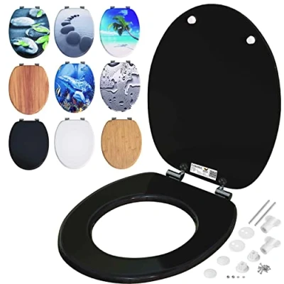 Imagen de CASARIA® Asiento Inodoro Tapa WC Estándar Cierre Suave Automático Antibacteriano MDF Bisagras Inox. Negro