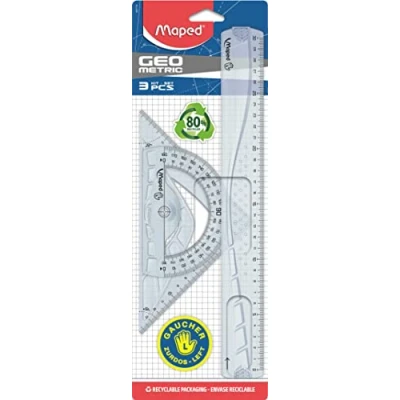 Imagen de Maped Reglas Escolares Geometric Pack de 3 para Zurdos 1 Regla 30 cm, Escuadra 45 y Transportador 180 Diseño Transparente con Graduaciones Impresas