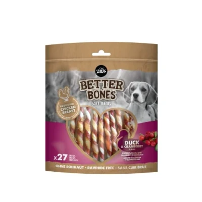 Imagen de BetterBones Bocadillo masticable Suave para Perros sin Piel cruda con Pato y arándano, 12,5 cm, Paquete de 27 Unidades