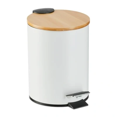 Imagen de Relaxdays Cubo de Basura Baño 3 litros, Papelera Tapa Caída Automática Bambú, con Bote Interior Extraíble, Blanco, Hierro, 23,5 x 17 21 cm