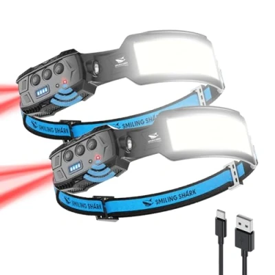 Imagen de Smiling Shark Linterna Frontal, 2 Piezas Headlamps Rechargeable 7*Luce Blancas 6 Modos Luz Sensor Movimiento Rojo Faro Trasero Para Camping Correr Repairación, Frontal Iluminación Cabeza