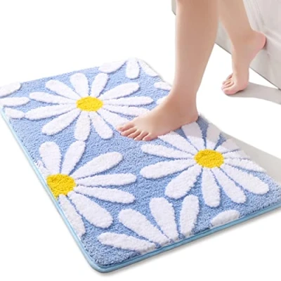 Imagen de alfombra de baño azul con flores blancas 40x60 cm, alfombrillas antideslizantes para baño, microfibra suave, tapete súper absorbente sala estar, ducha